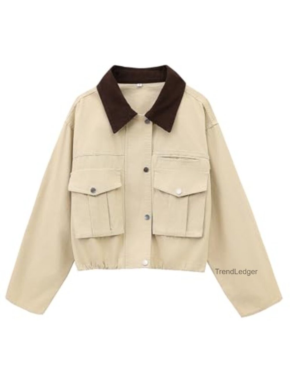 Women's Cropped Cotton Jacket Contrast Collar Barn Coat Loose Fit Casual Outwear